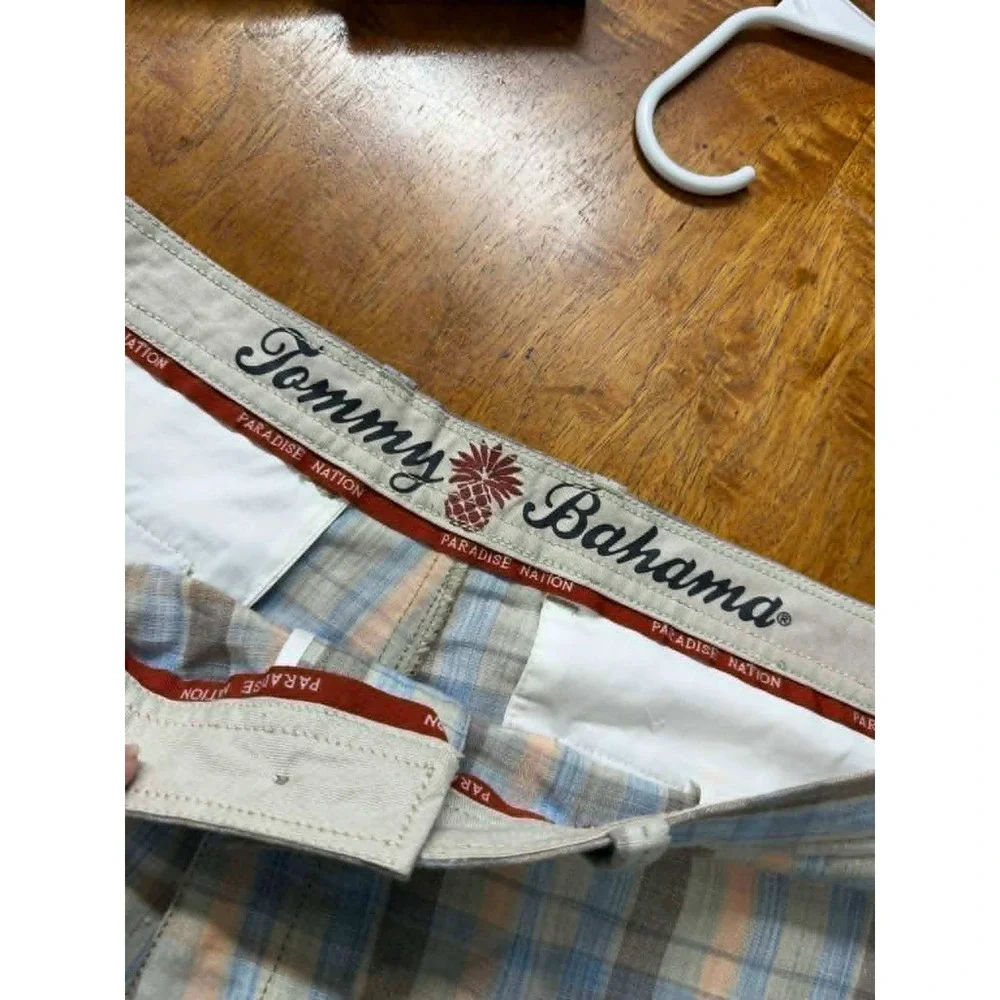 New Tommy Bahama Mens 40 Plaid Linen Tencel Shorts Blue Orange‎ Paradise Nation